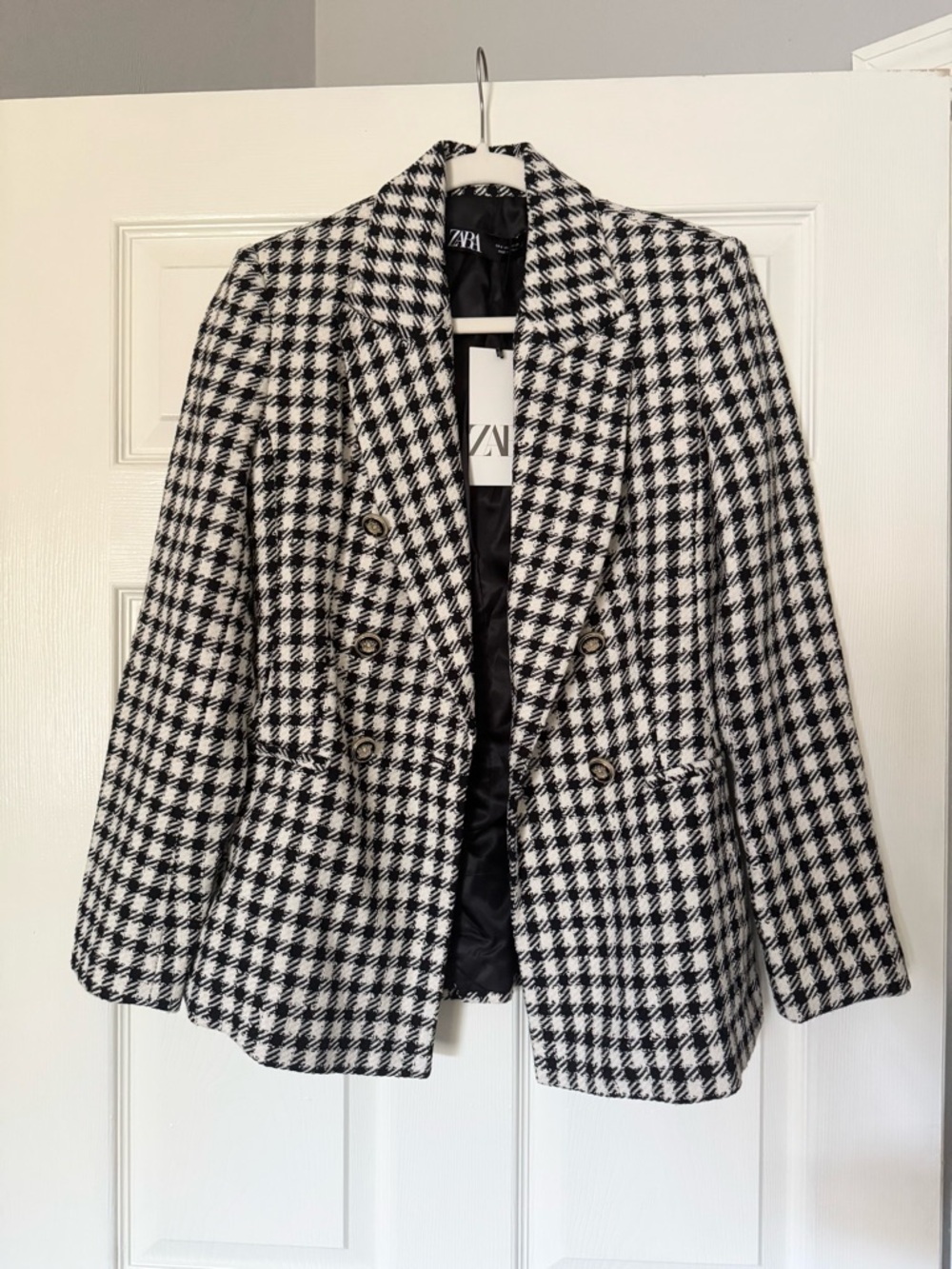 Zara Black & White Houndstooth Double-Breasted Blazer